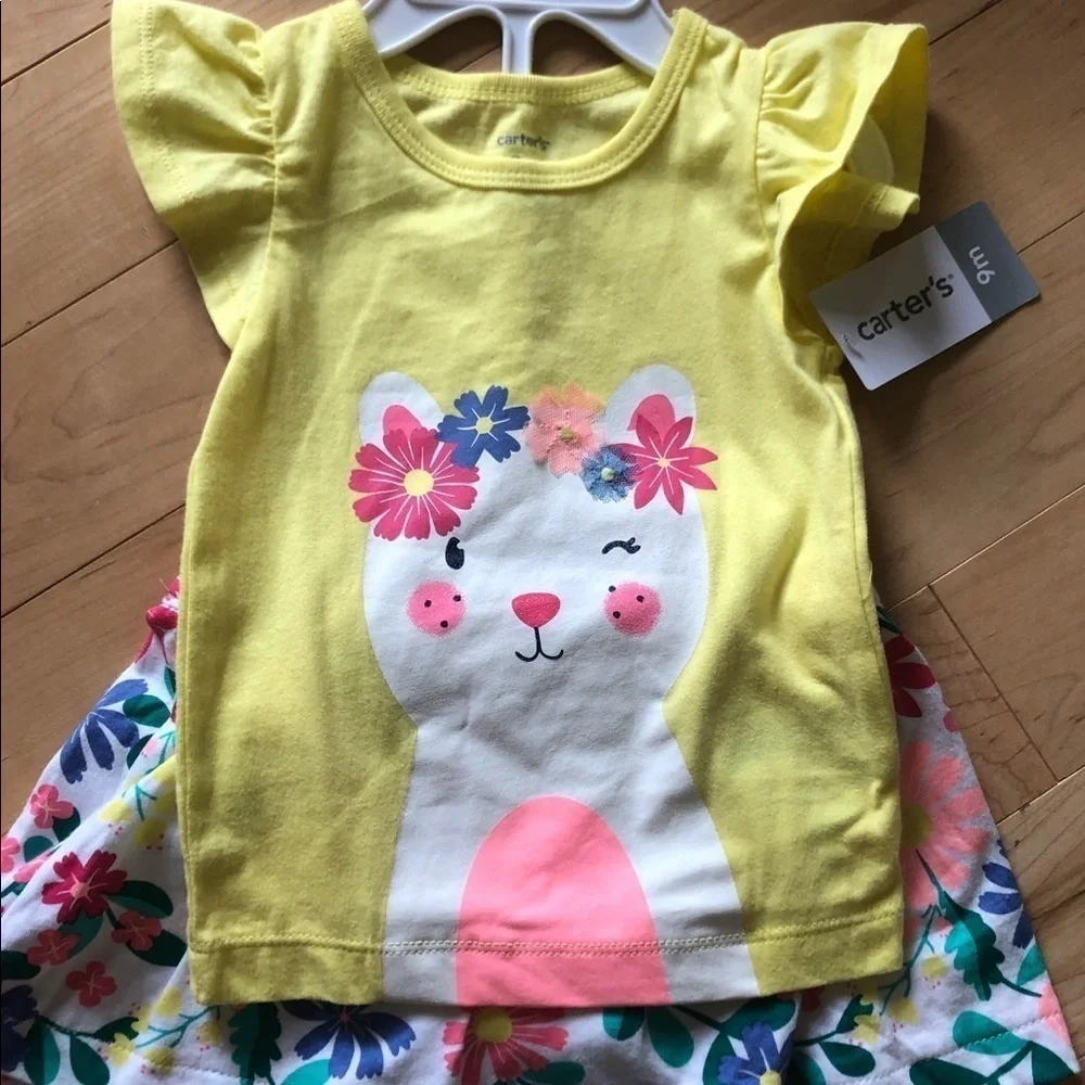 NWT Carter’s yellow baby girl cat floral ruffle shirt and skort outfit 9 months